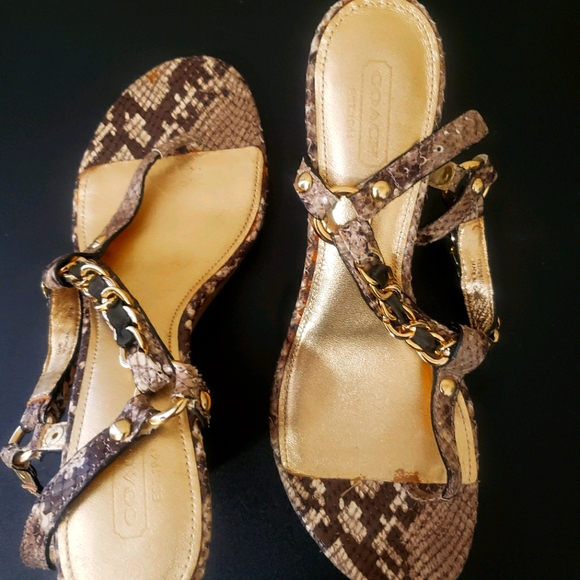 Snakeskin Wedges Embossed Leather Sandals COACH - Picture 8 of 9